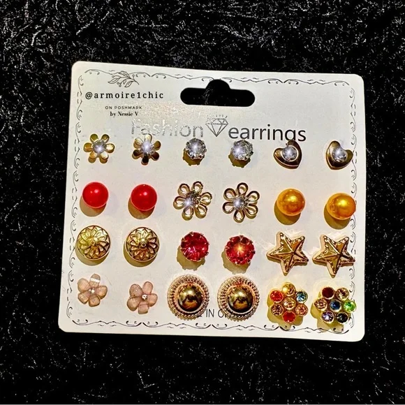 Classic Fashion EARRINGS | 12 pairs | Golden Hearts, Flowers, Stars, Crystals - Picture 5 of 5